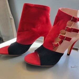 Black, red and beige heels